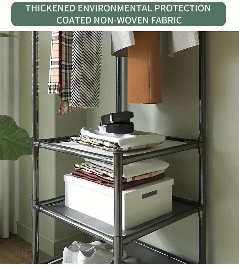 Corner Cloth Rack with 3 Layers Storage Shelves & Double Hooks | Nail-Free Installation | Waterproof & Durable |