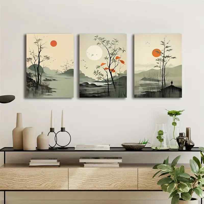 3pcs Wall Art Set - Modern Classic Style Painted Scenes, Wood MDF Photo for Living Room, Bedroom, Home Office