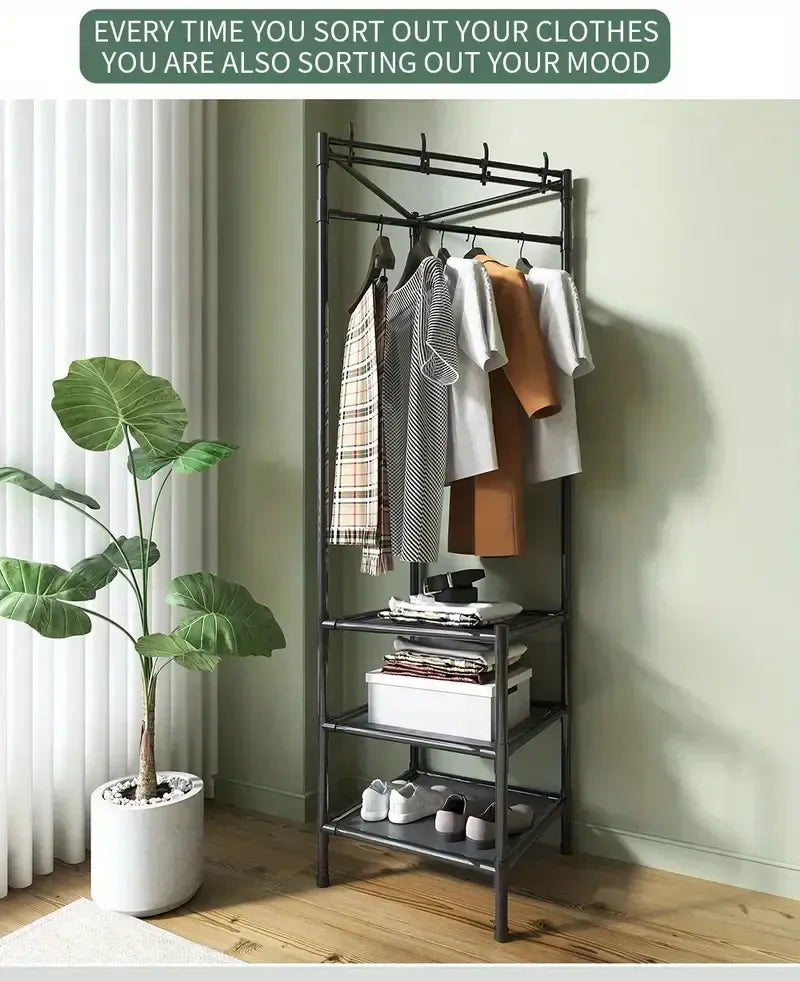 Corner Cloth Rack with 3 Layers Storage Shelves & Double Hooks | Nail-Free Installation | Waterproof & Durable |